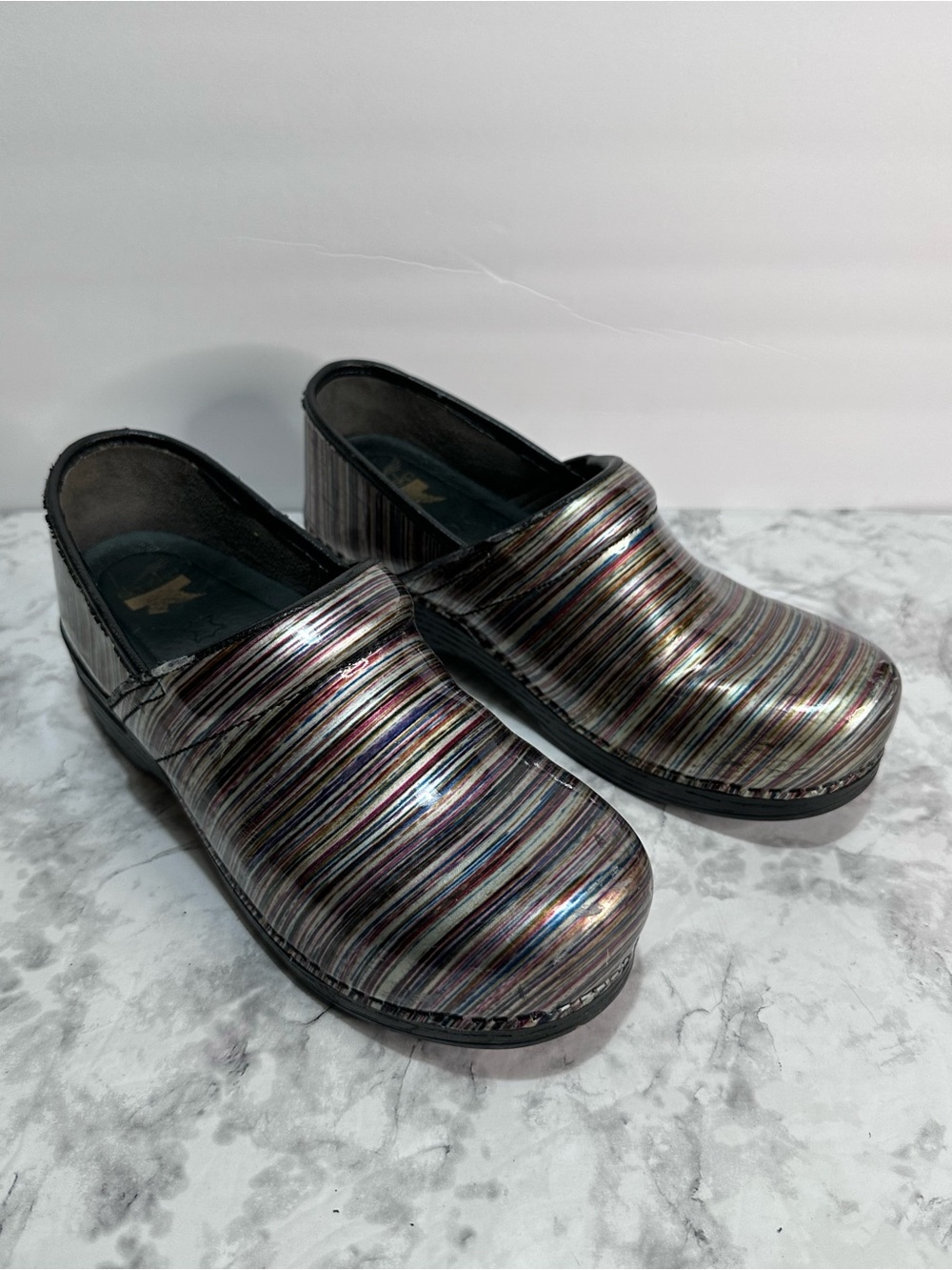 Dansko Professional Multicolor Striped Patent Leather Clogs EU 42